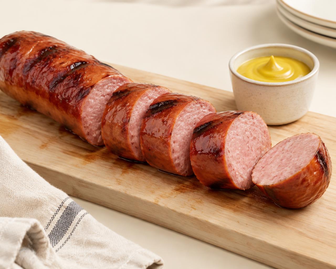 Grilled jumbo frankfurter sliced on a board with mustard