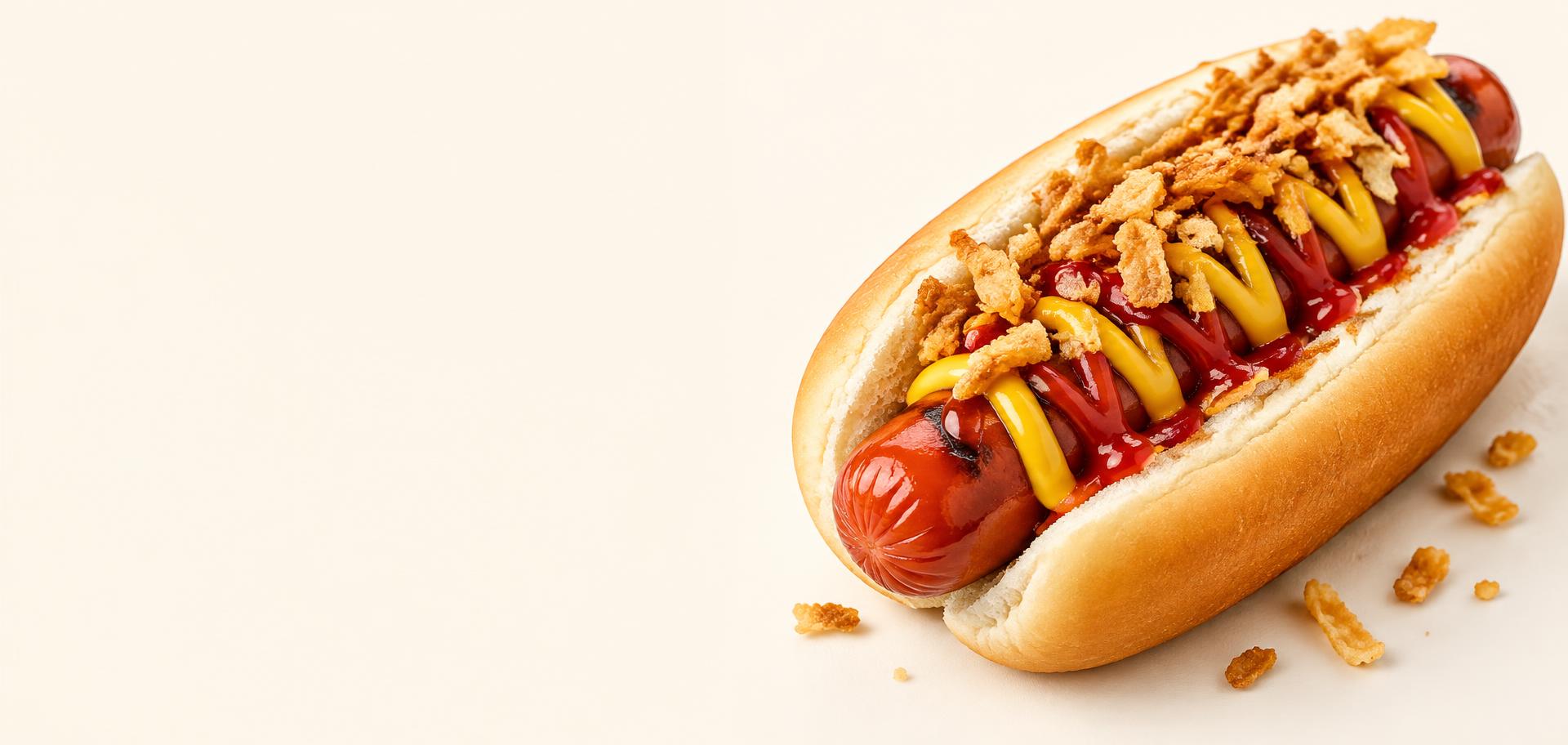 Loaded hot dog with mustard, ketchup and crispy onions